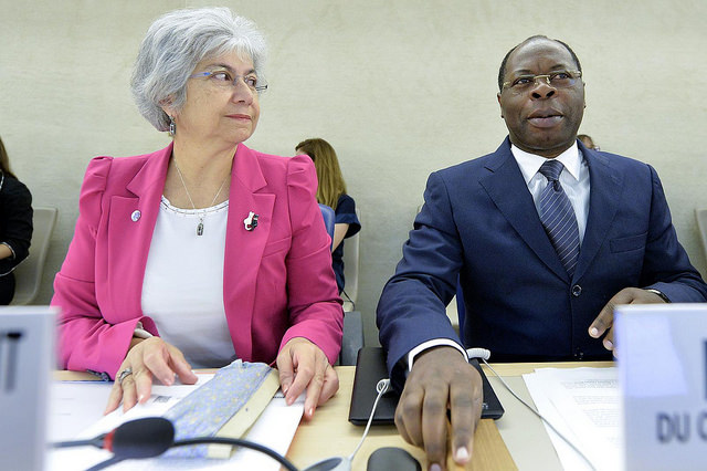 Baudelaire Ndong Ella ( right ) President of the Human Rights Council and Flavia Pansieri ( left ) United Nations, Deputy High Commissioner for Human Rights during special session on Iraq of the Human Rights Council. 1 September 2014.
