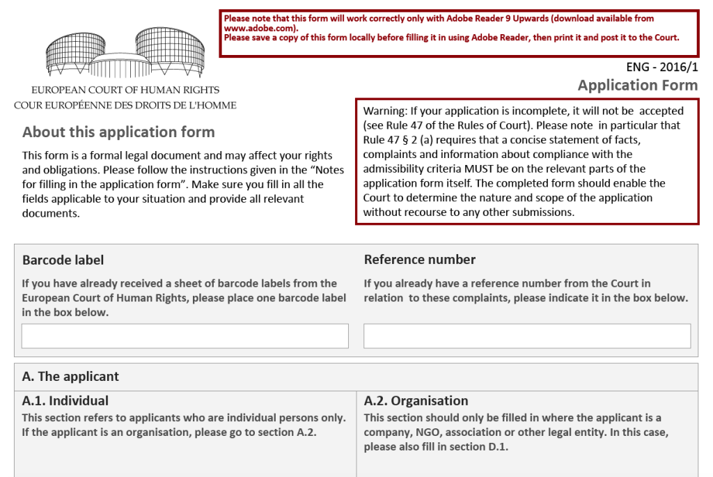 ECtHR application form 2016