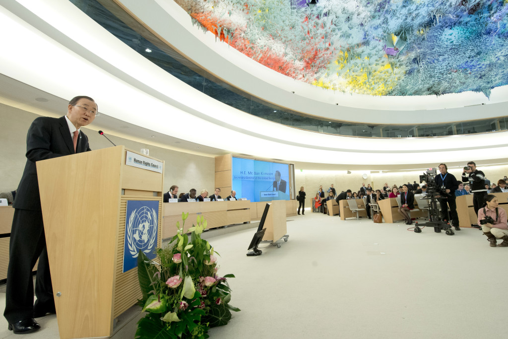Secretary-General Ban Ki-moon at the opening of the Human Rights Council session and the High-level panel discussion on human rights mainstreaming - ÒThe 2030 Agenda for Sustainable Development and human rights, with an emphasis on the right to developmentÓ. 29 February 2016. UN Photo / Jean-Marc Ferr