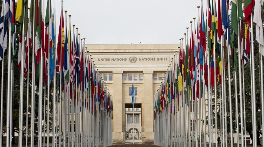 Exterior UN Palais des Nations with Flags Geneva